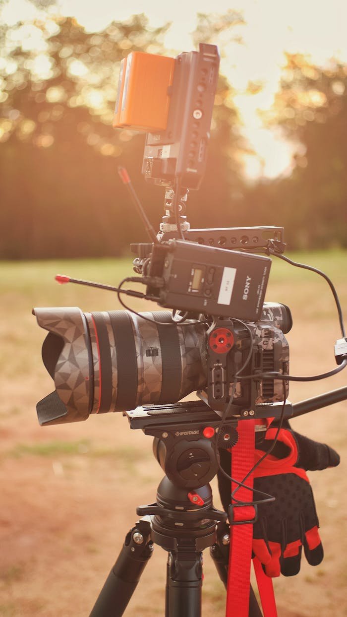 High-quality DSLR camera setup on tripod for outdoor filming in natural light.
