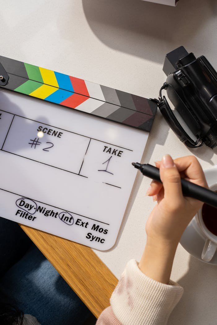 Hand holding pen near film slate with camcorder, ideal for filmmaking concepts.